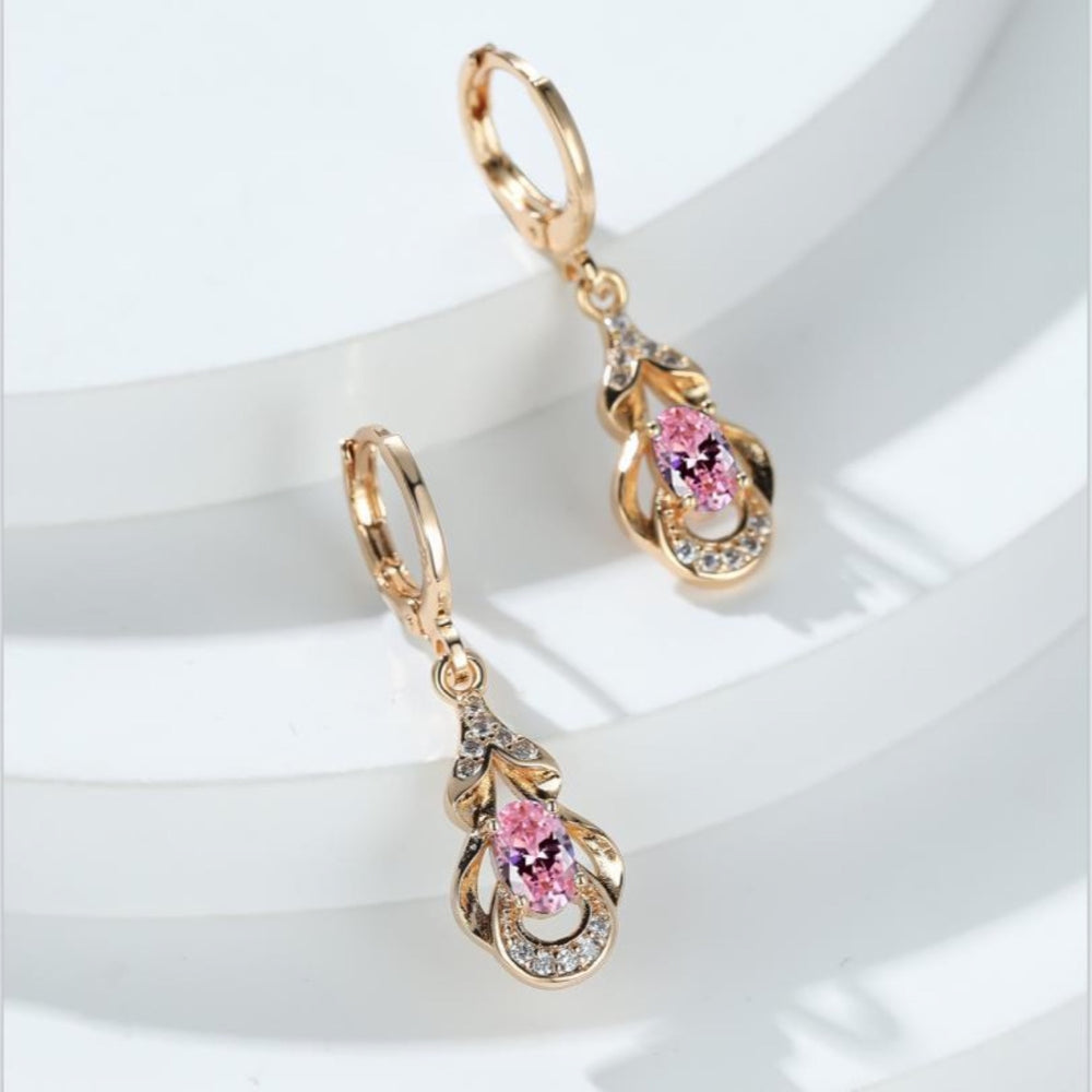 Champagne Gold-Tone Pink Oval Crystal Openwork Teardrop Drop Earrings