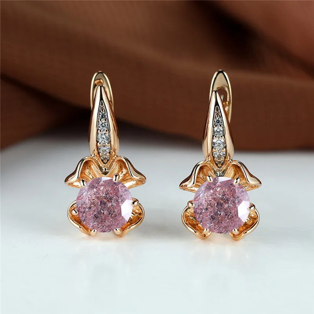 Champagne Gold-Tone Pink Round CZ Four-Leaf Clover Huggie Earrings