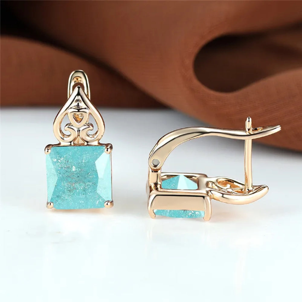 Champagne Gold-Tone Ice-Blue Crackle Square CZ Openwork Heart Earrings