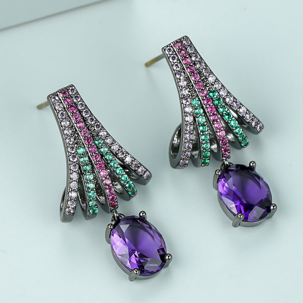 Black & Gold-Tone Multicolor Pave Fan Purple Oval Crystal Drop Earrings