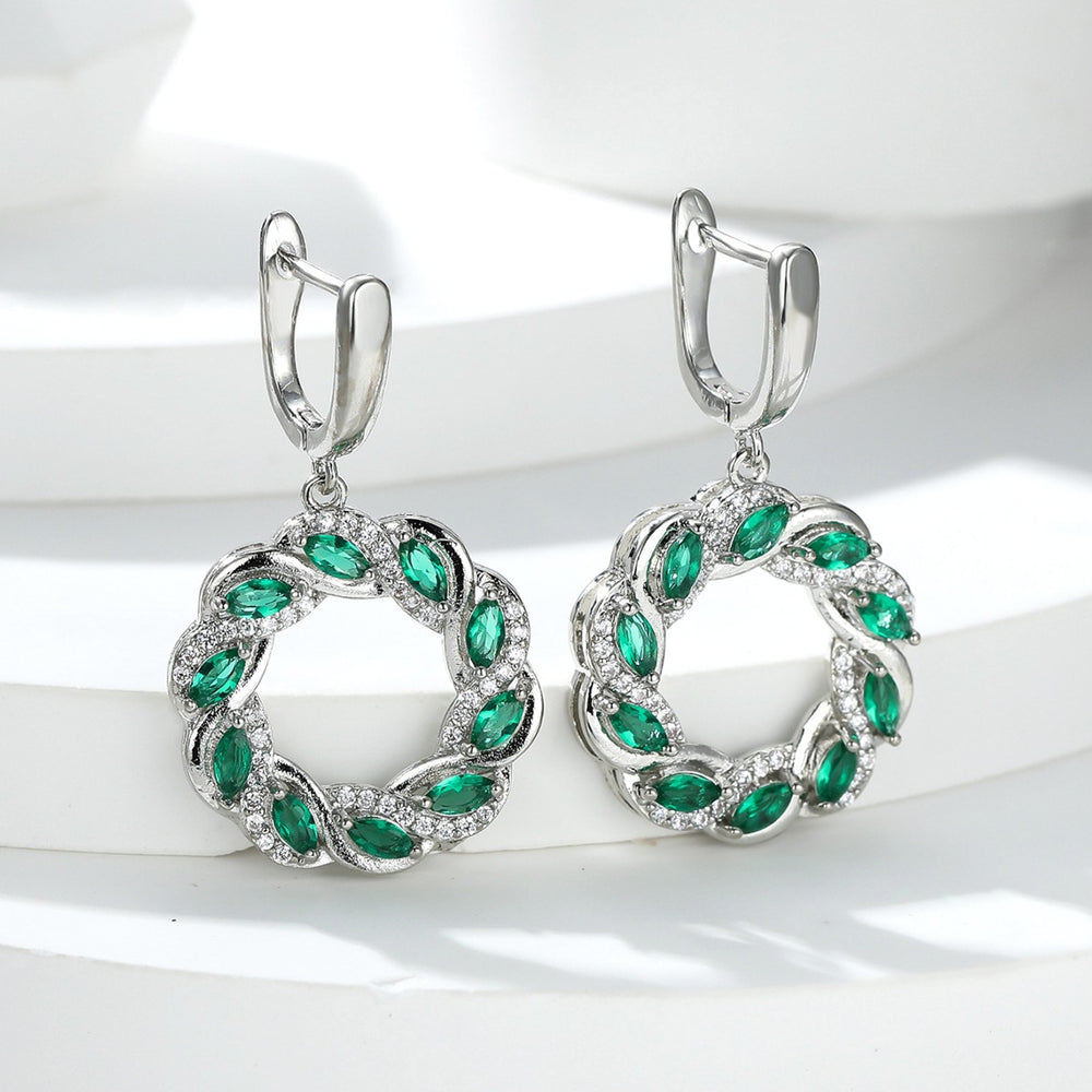 Silver-Tone Openwork Green Marquise Crystal Wreath Huggie Earrings