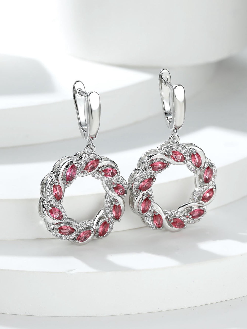 Silver-Tone Rose Red Marquise Crystal Openwork Wreath Drop Earrings