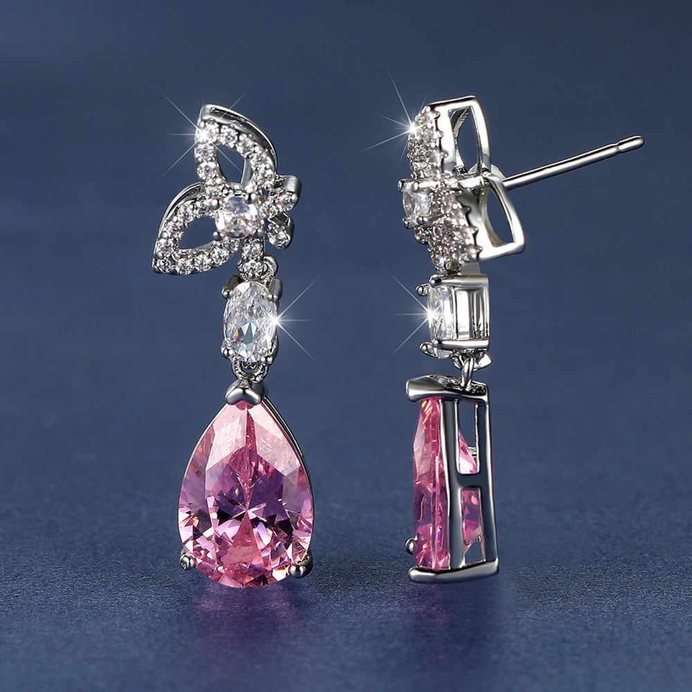 Silver-Tone Openwork Butterfly Pink Pear Crystal Drop Earrings