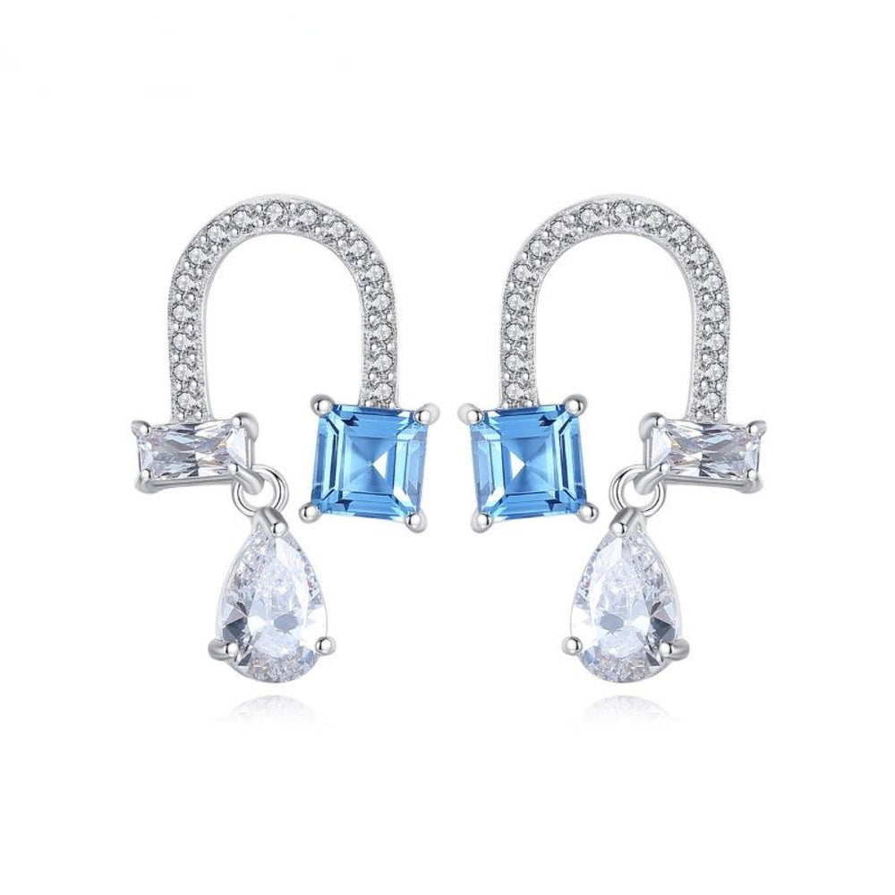 Silver-Tone Pave Arch Blue Square Crystal Teardrop Drop Earrings