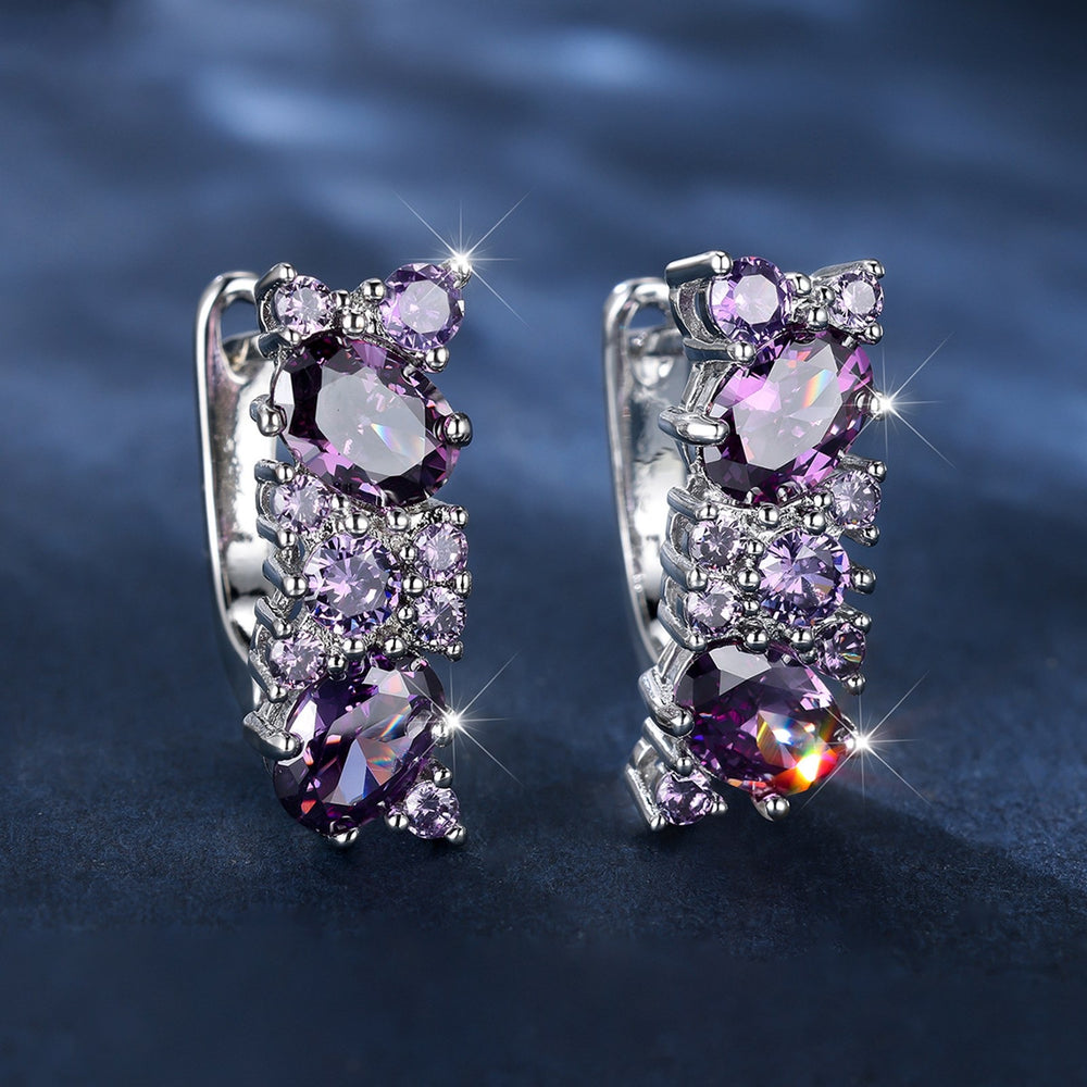 Silver-Tone Crystal-Set Purple Oval CZ Drop Earrings