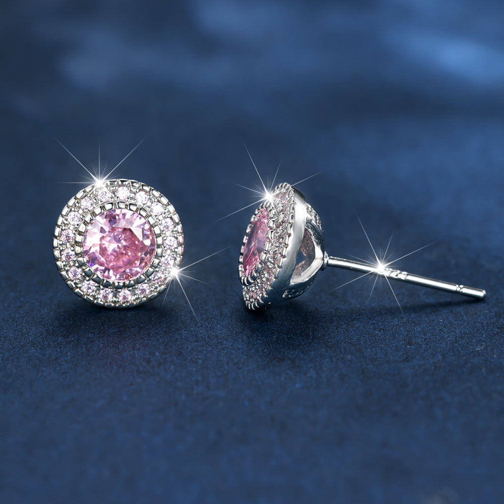 Silver-Tone Pink Crystal Round Halo Pave Stud Earrings