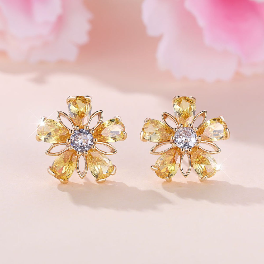 Gold-Tone Golden Yellow Crystal Five-Petal Flower Stud Earrings