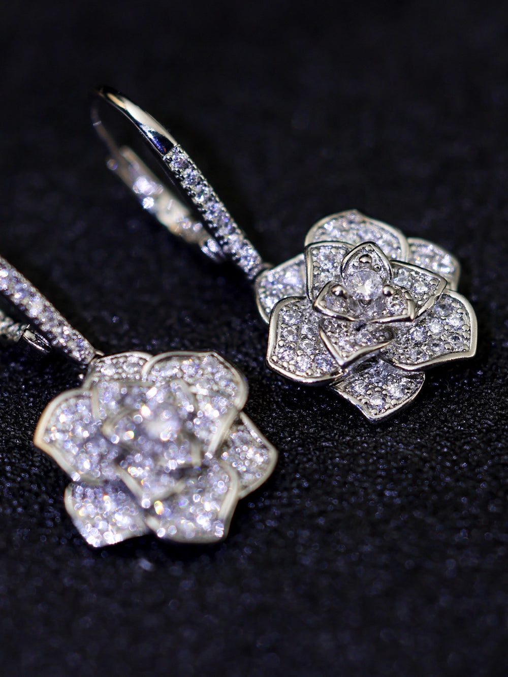 Silver-Tone Micro-Pave Cubic Zirconia Camellia Drop Earrings