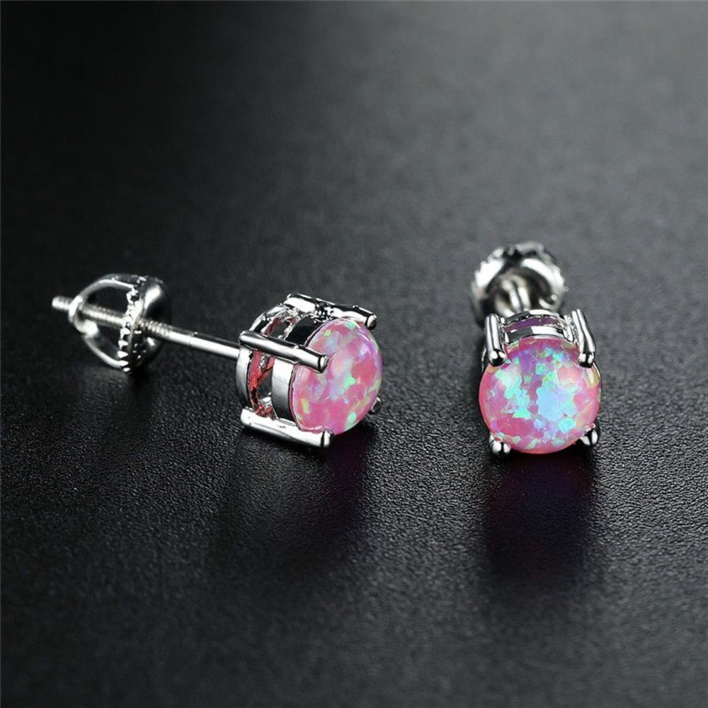 Silver-Tone Round Pink Simulated Opal Stud Earrings With Screw Backs
