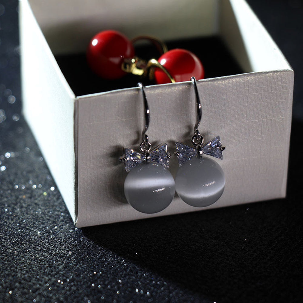 Silver-Tone Cat-Eye Bead & Crystal Bow Drop Earrings