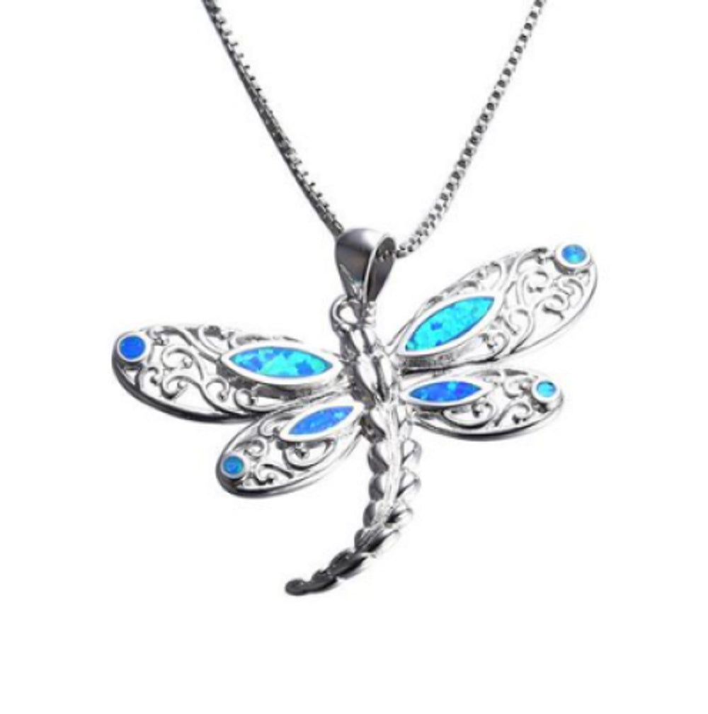 Sterling Silver Blue Simulated Opal Butterfly Pendant Necklace