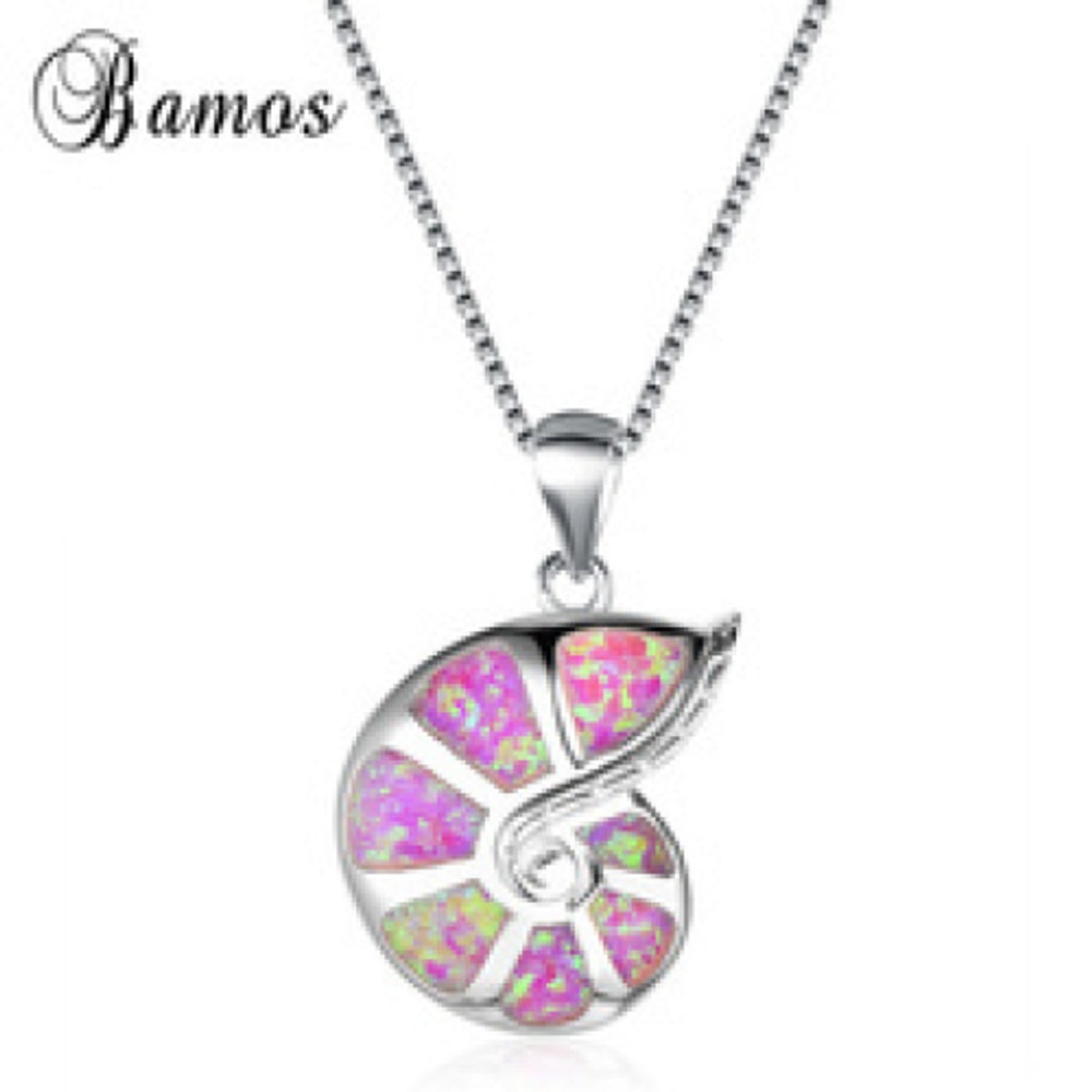 Sterling Silver Purple Simulated Opal Conch Pendant Necklace