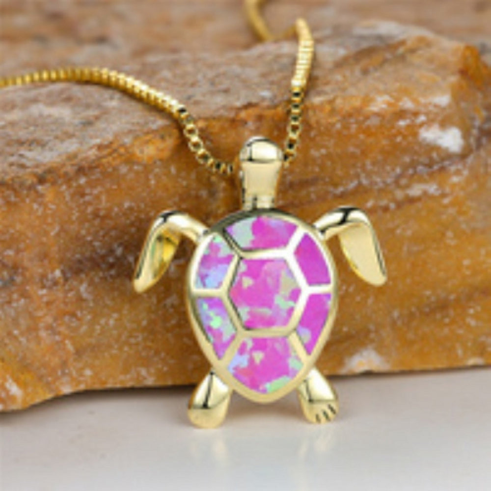 Gold-Tone Pink Simulated Opal Turtle Pendant Necklace