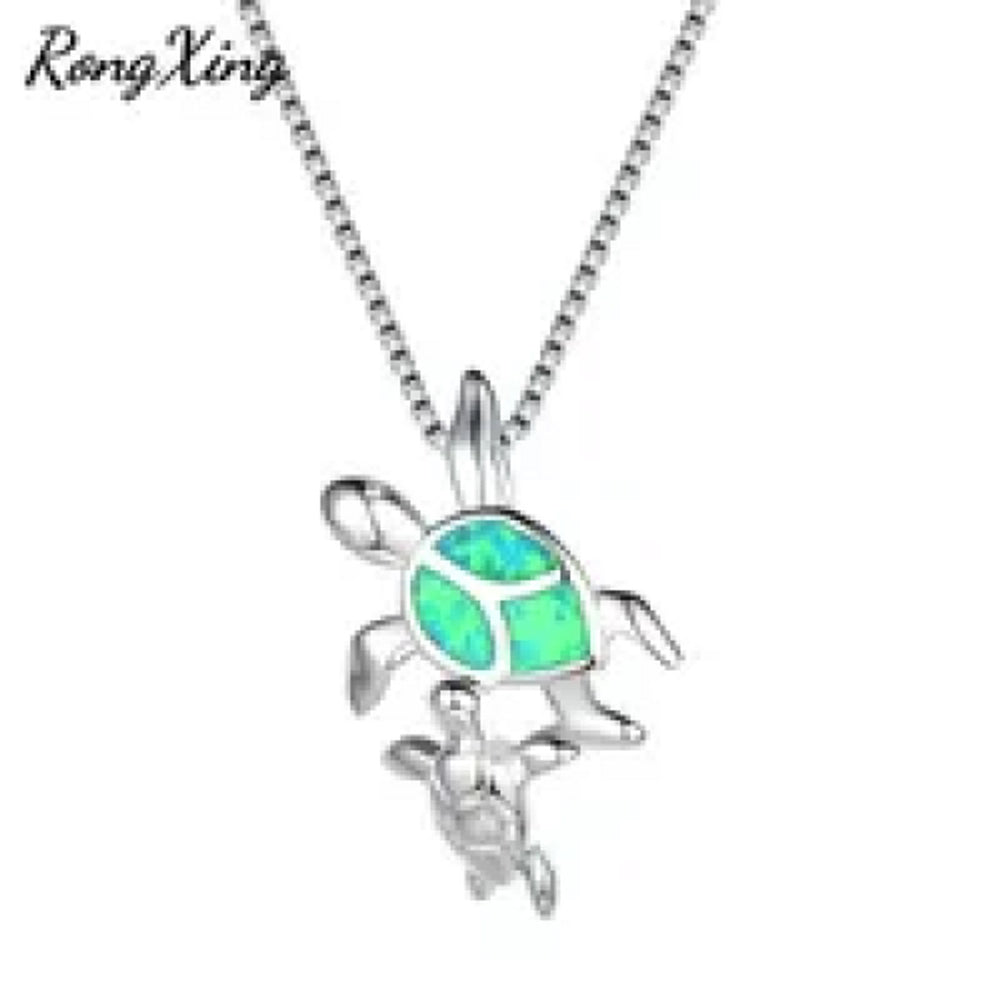 Sterling Silver Green Simulated Opal Turtle Pendant Necklace