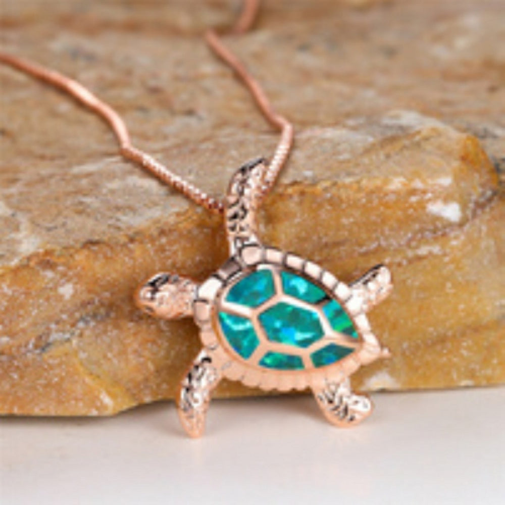 Rose Gold-Tone Green Simulated Opal Turtle Necklace