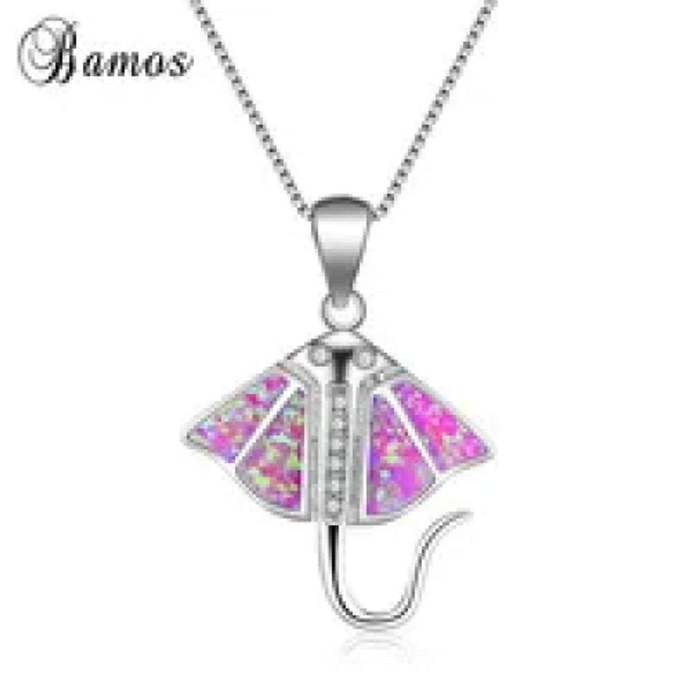 Sterling Silver Purple Simulated Opal Fish Pendant Necklace