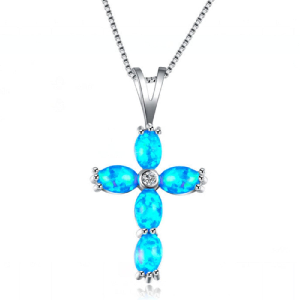 Sterling Silver Blue Simulated Opal Cross Pendant Necklace