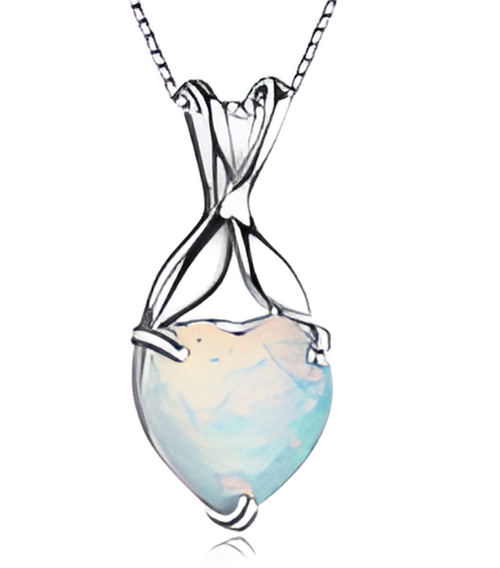 Silver-Tone White Simulated Opal Heart Three-Prong Pendant Necklace