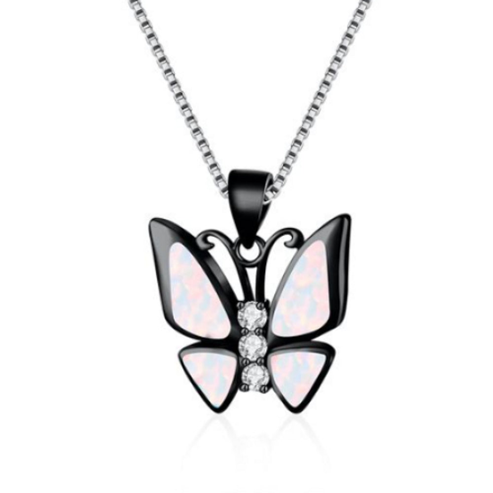 Black Gold-Tone Three-Stone White Simulated Opal Butterfly Pendant Necklace