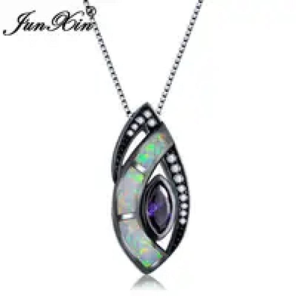 Black Gold-Tone Purple Marquise Simulated Opal Pendant Necklace