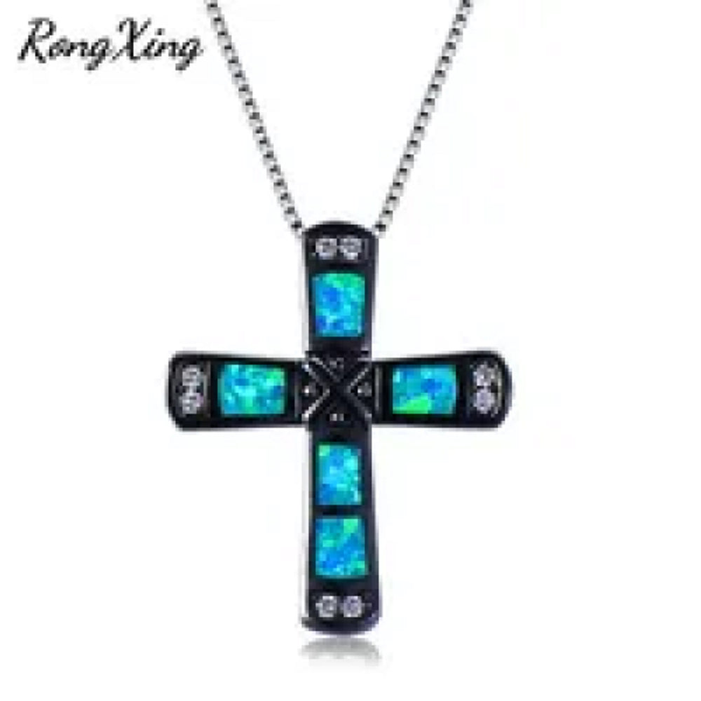 Black Gold-Tone Blue Simulated Opal Cross Pendant Necklace