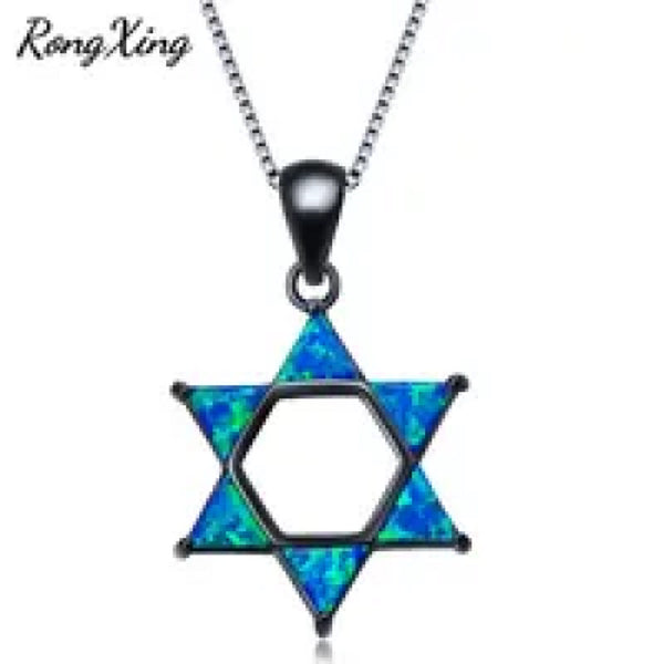 Black Gold-Tone Blue Hexagon Simulated Opal Six-Point Star Pendant Necklace