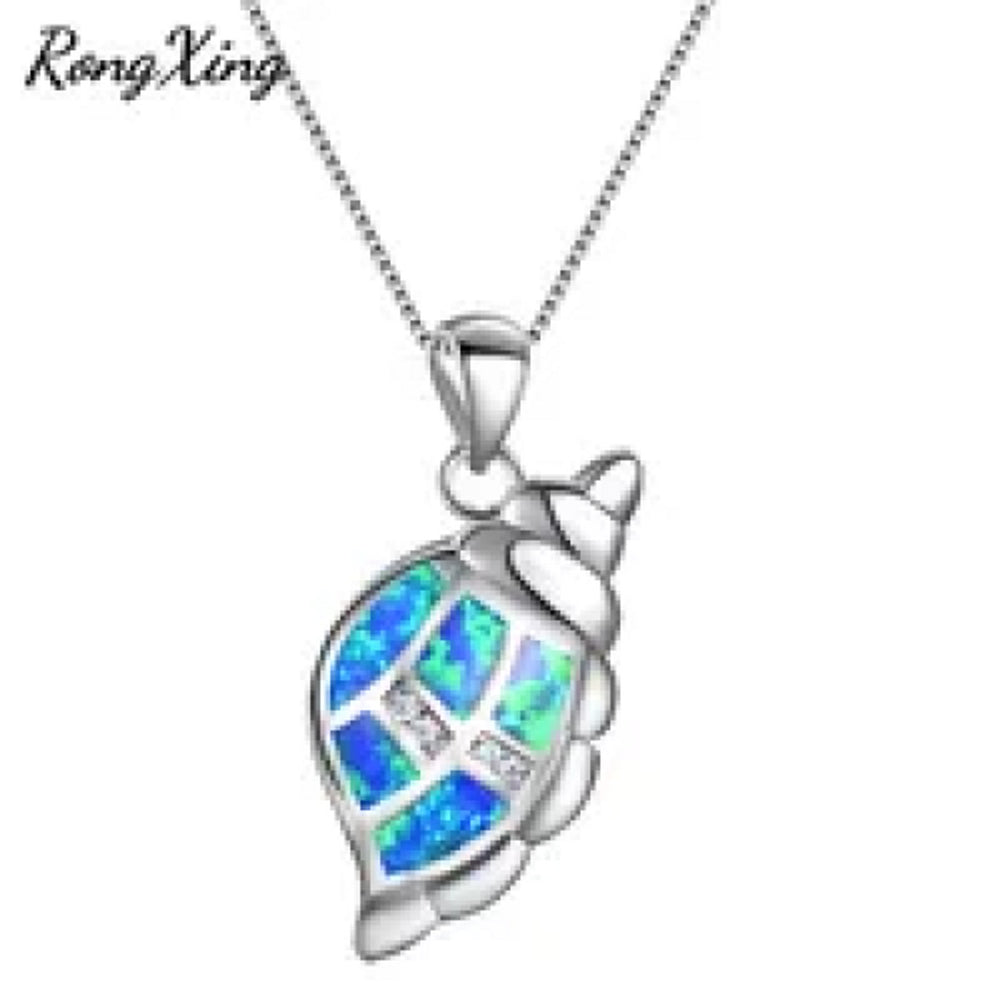 Sterling Silver Blue Simulated Opal Conch Pendant Necklace