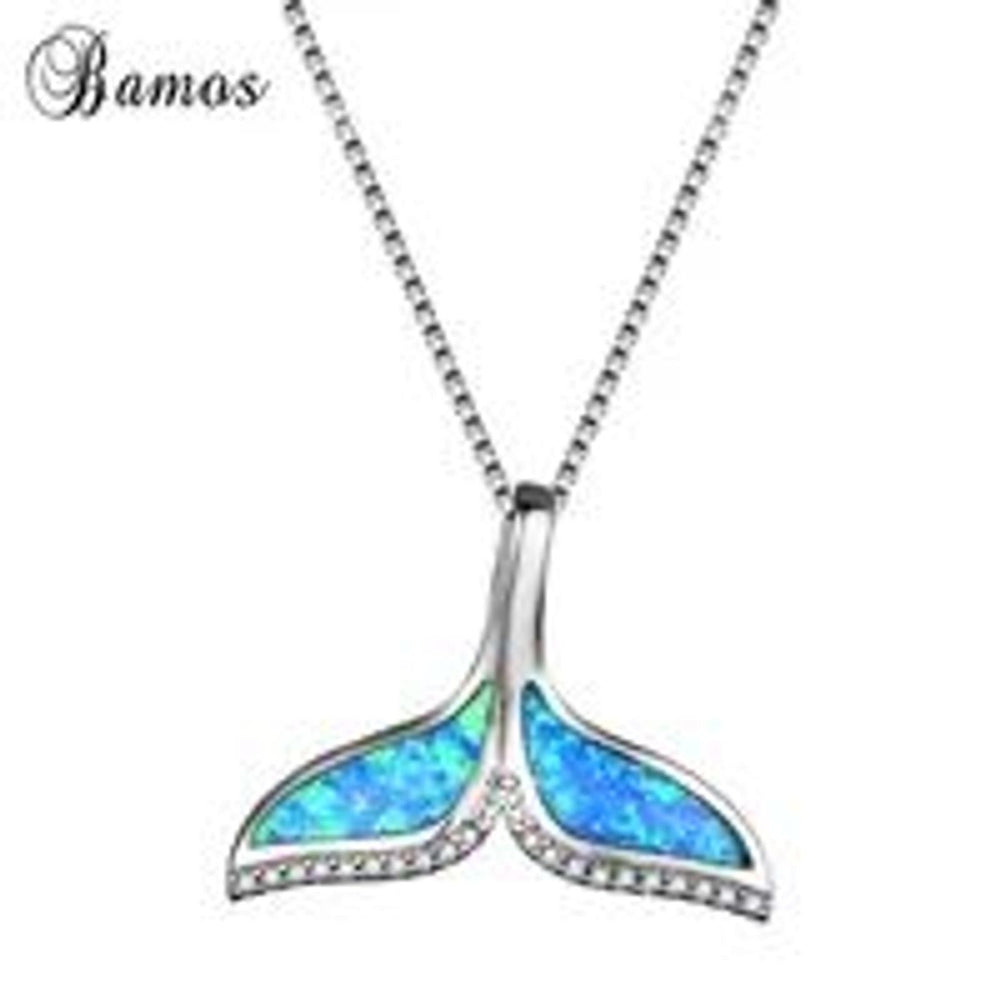 Sterling Silver Blue Simulated Opal Fishtail Pendant Necklace
