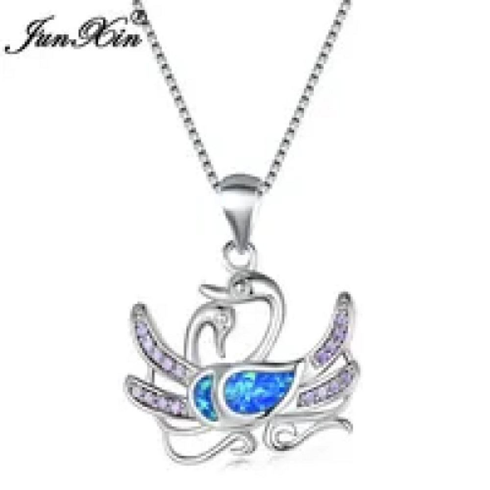 Silver-Tone Blue Simulated Opal Swan Necklace
