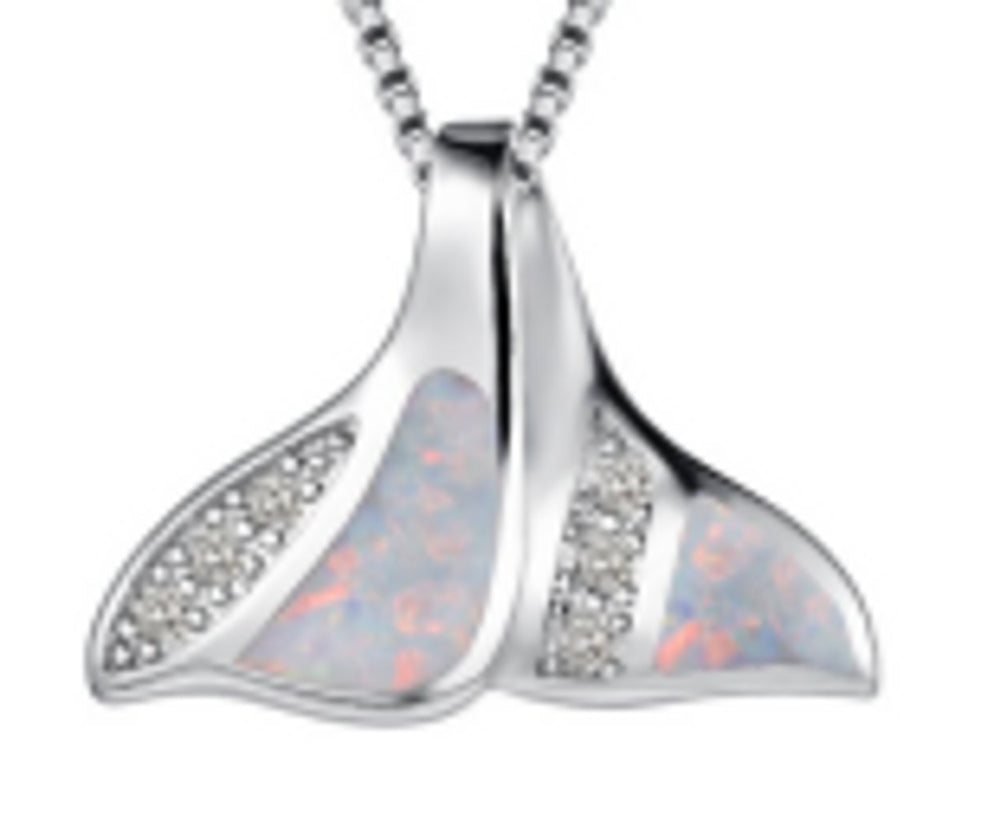Sterling Silver White Simulated Opal Fishtail Necklace