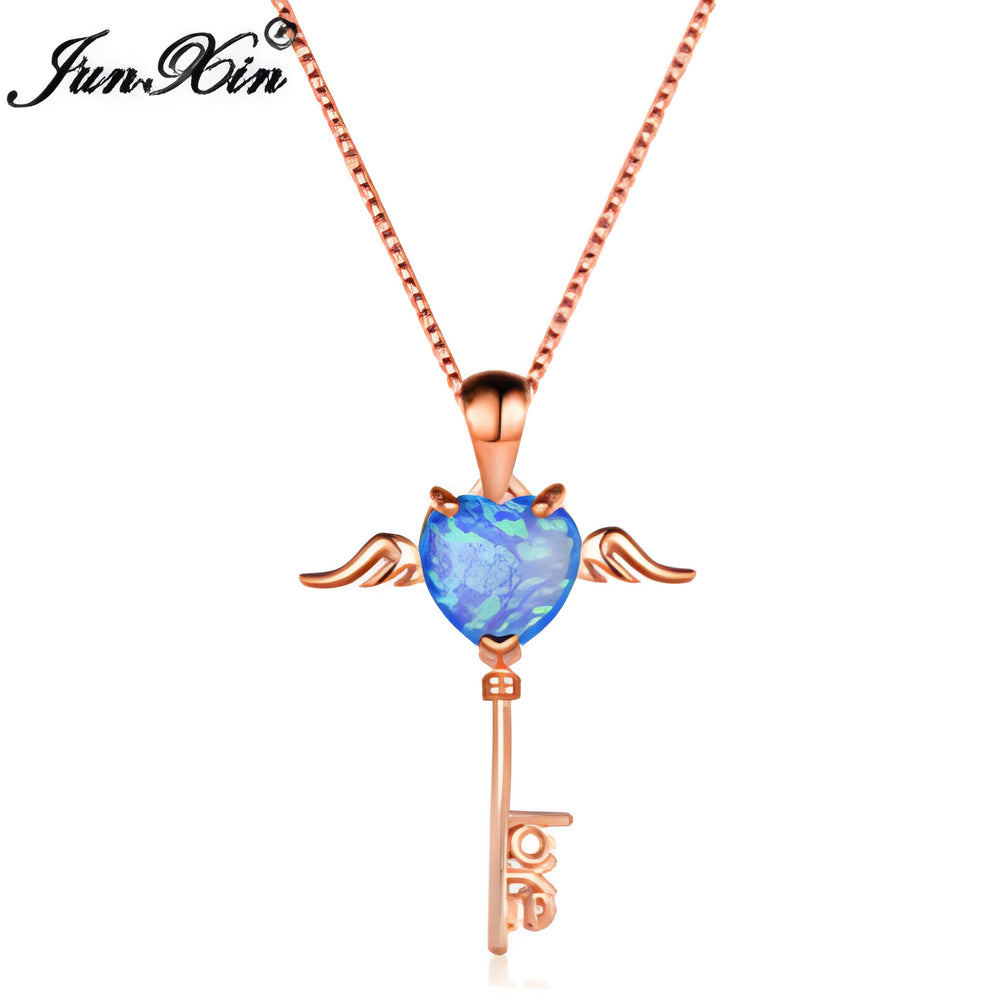 Rose Gold-Tone Blue Simulated Opal Winged Heart Love Key Necklace