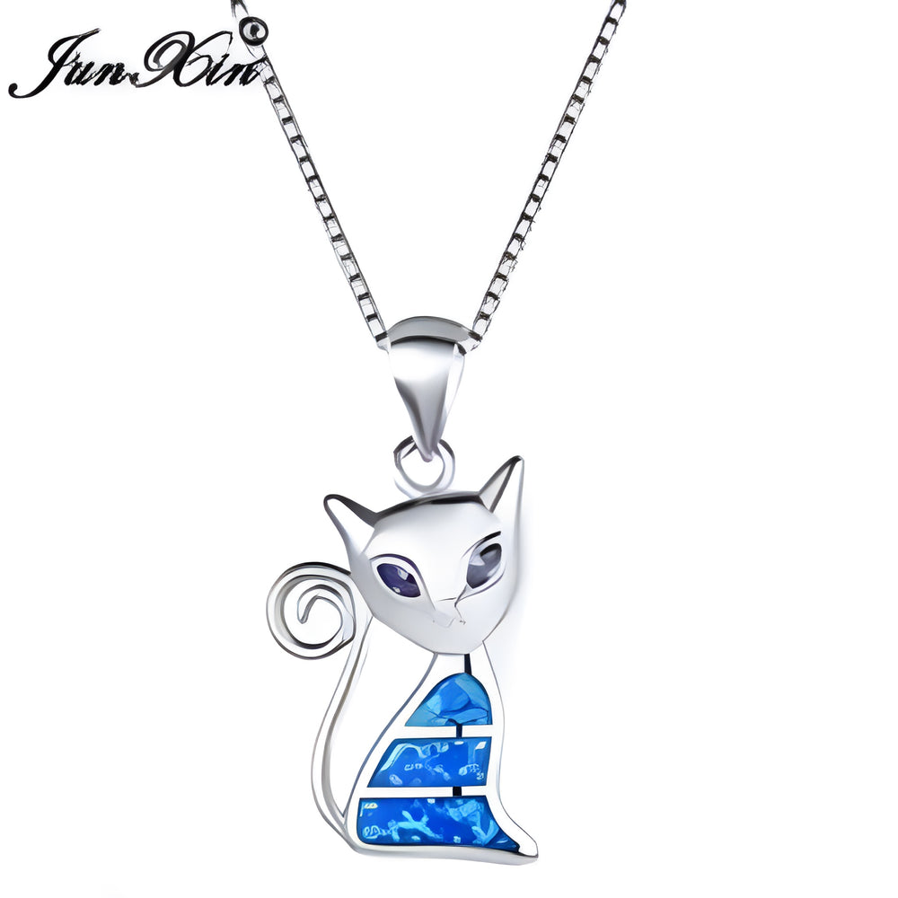 Silver-Tone Blue Simulated Opal Purple Crystal Cat Pendant Necklace