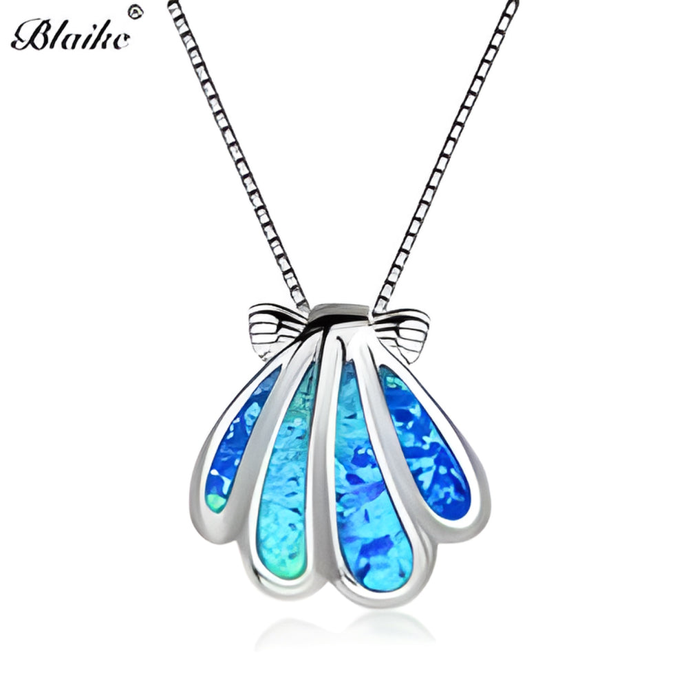 Sterling Silver Blue Simulated Opal Scallop Shell Pendant Necklace