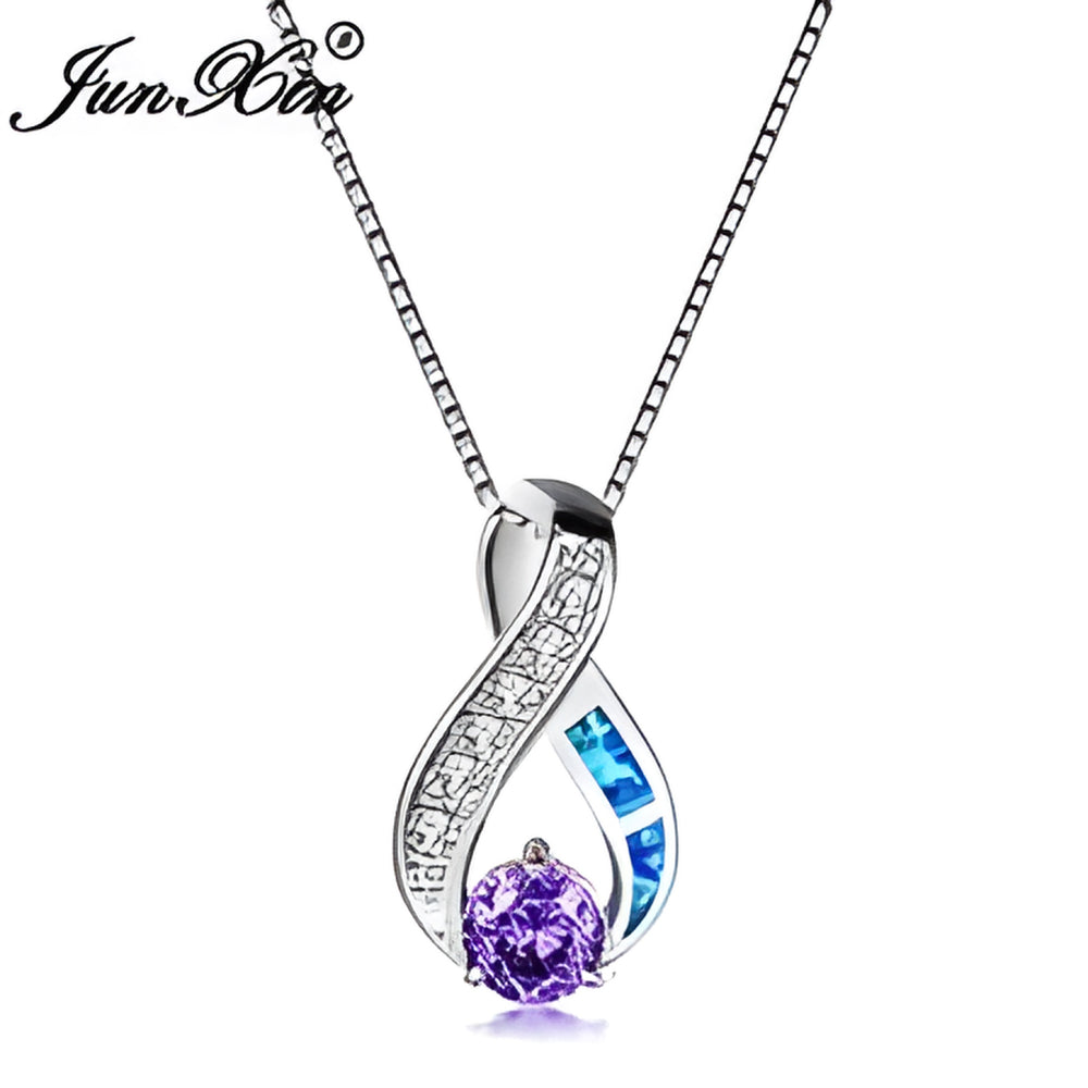 Sterling Silver Blue Simulated Opal Purple Crystal Twist Necklace