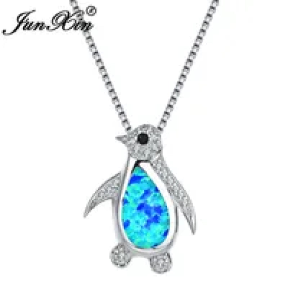 Silver-Tone Blue Simulated Opal Penguin Pendant Necklace With Crystals