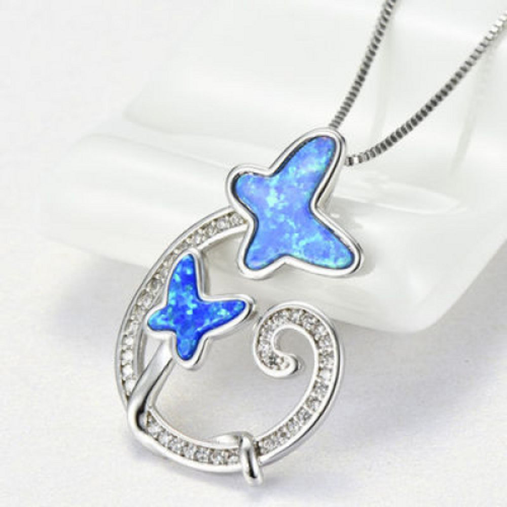 Sterling Silver Blue Simulated Opal Butterfly Necklace