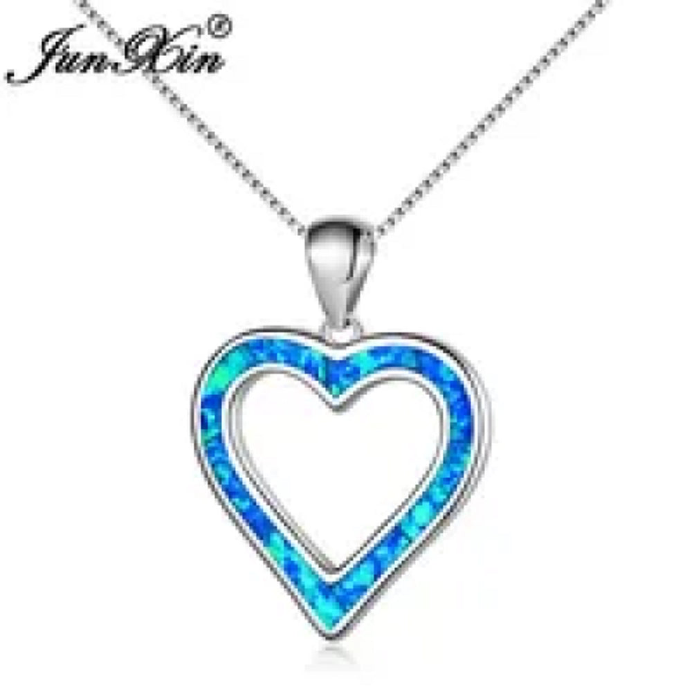Silver-Tone Blue Simulated Opal Heart Necklace