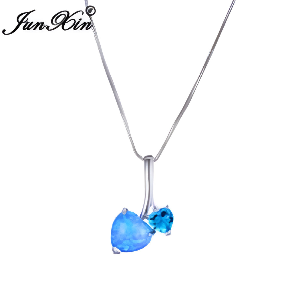 Silver-Tone Blue Simulated Opal Double Heart Drop Pendant Necklace