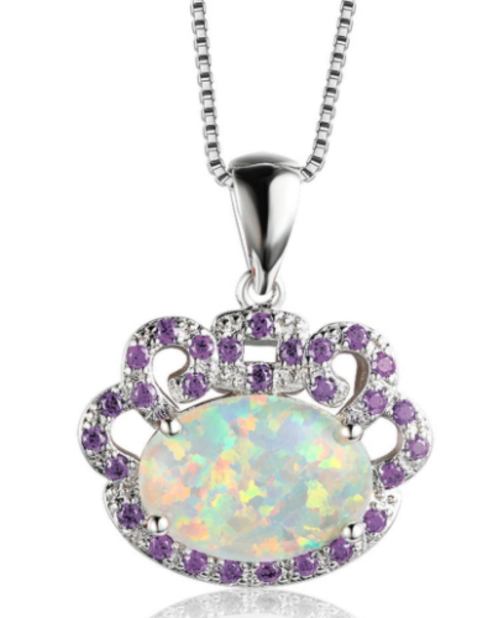 Silver-Tone Purple Crystal Crab-Frame White Simulated Opal Pendant Necklace