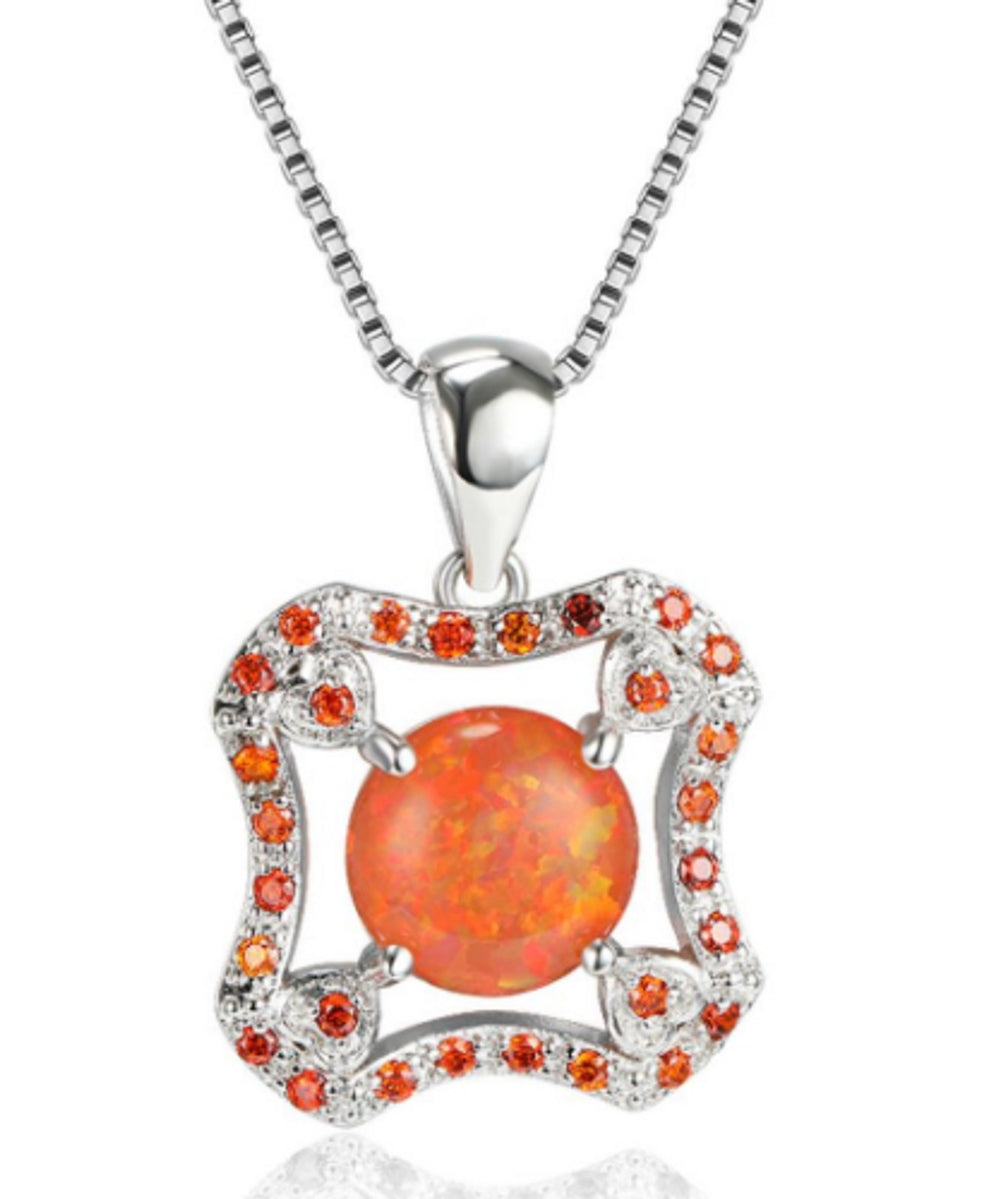 Silver-Tone Haloed Orange Crystal Freeform Necklace