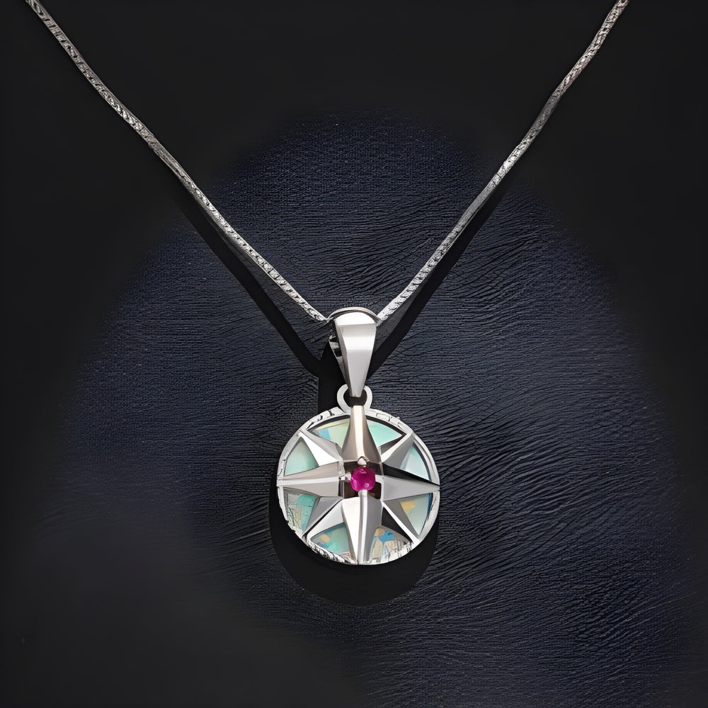 Silver-Tone White Simulated Opal Compass Star Medallion Pendant Necklace