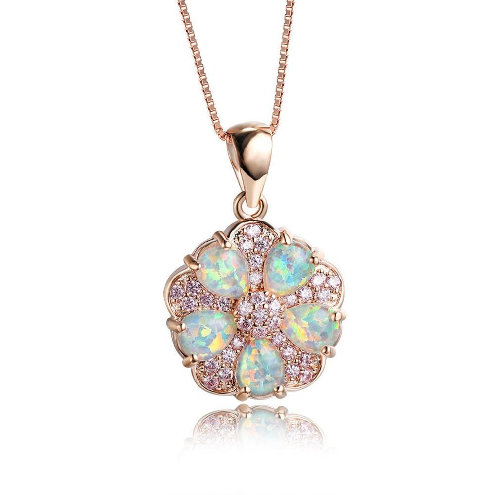 Rose Gold-Tone Pink Crystal Five-Petal Flower Necklace