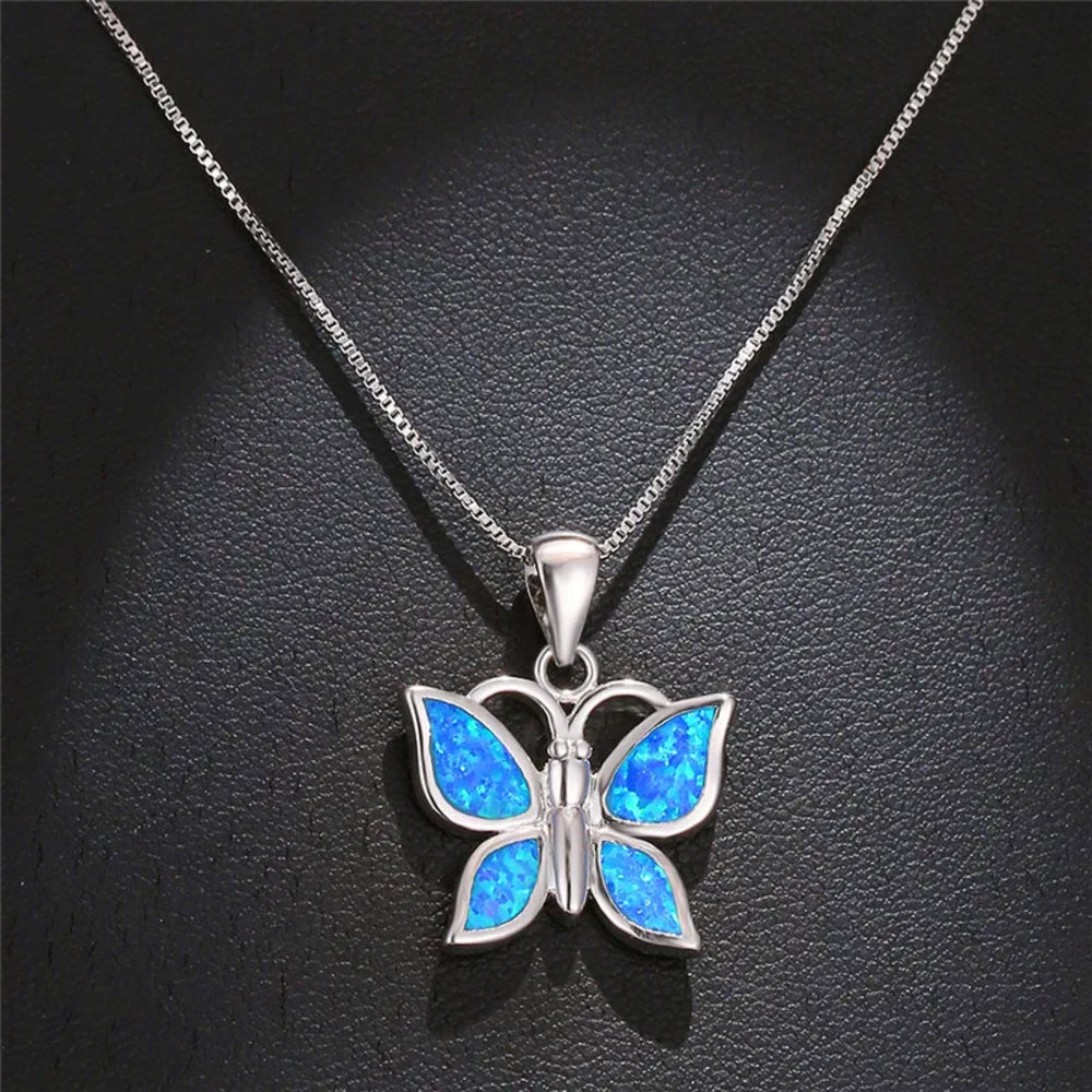 Silver-Tone Blue Simulated Opal Butterfly Pendant Necklace