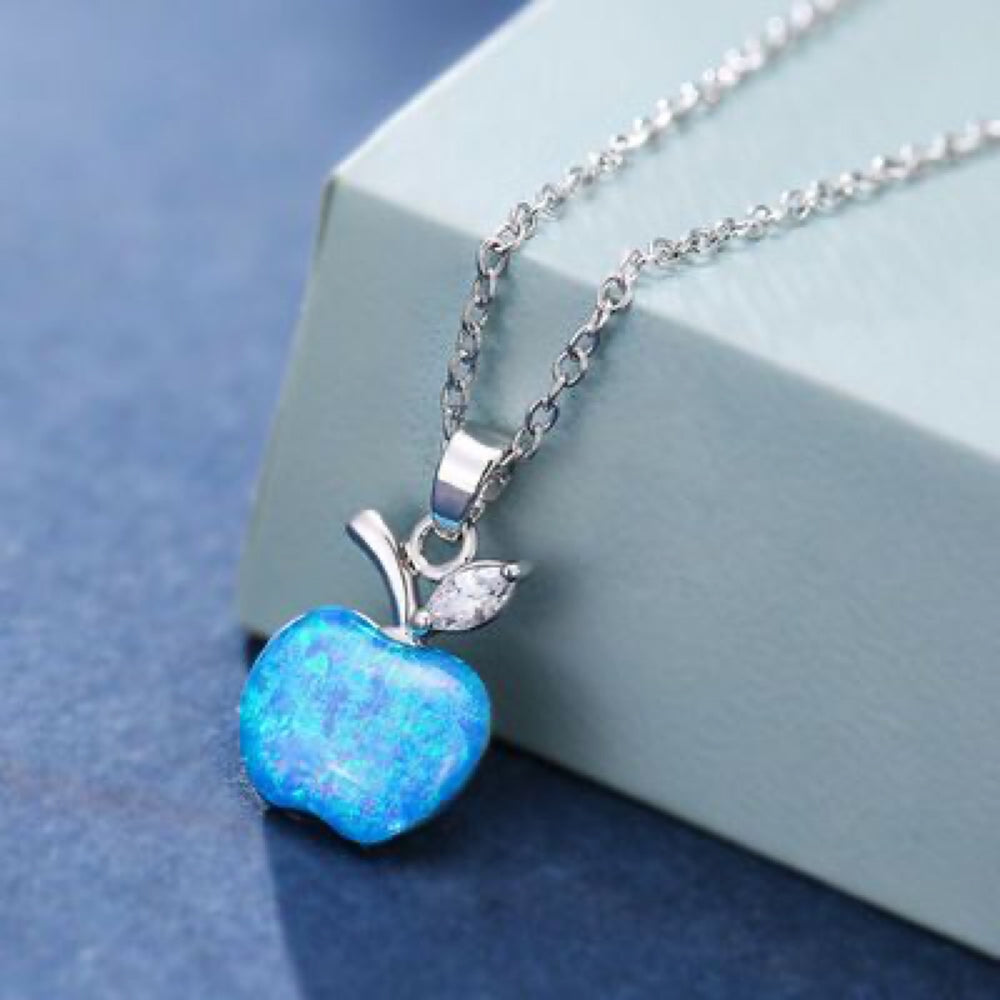 Silver-Tone Blue Simulated Opal Apple Crystal Leaf Pendant Necklace