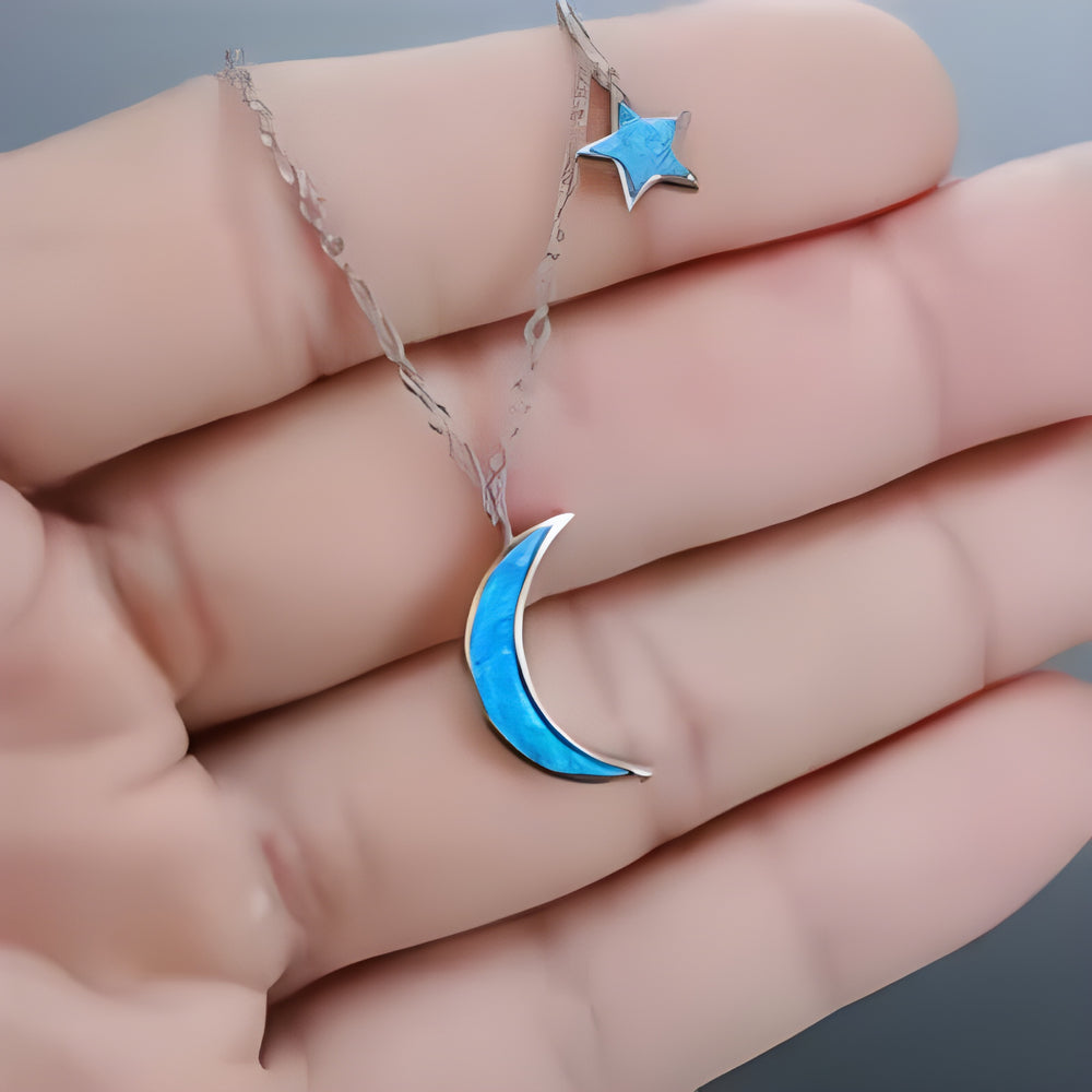 Silver-Tone Blue Simulated Opal Crescent Moon & Star Pendant Necklace