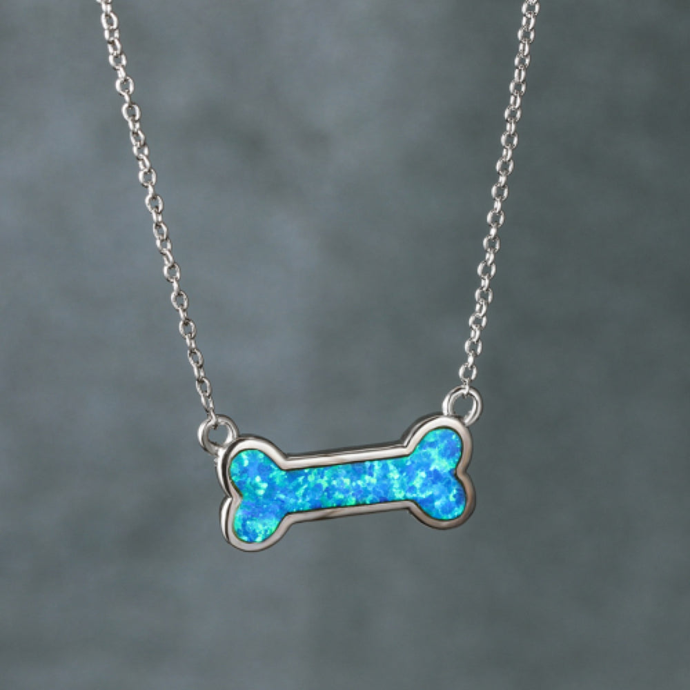 Silver-Tone Blue Simulated Opal Dog Bone Bar Pendant Necklace