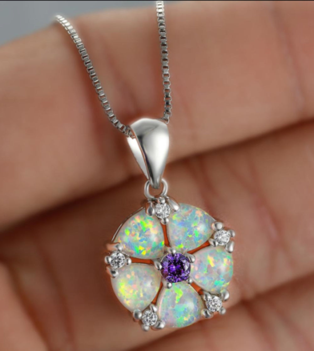 Silver-Tone White Simulated Opal Purple Crystal Flower Necklace