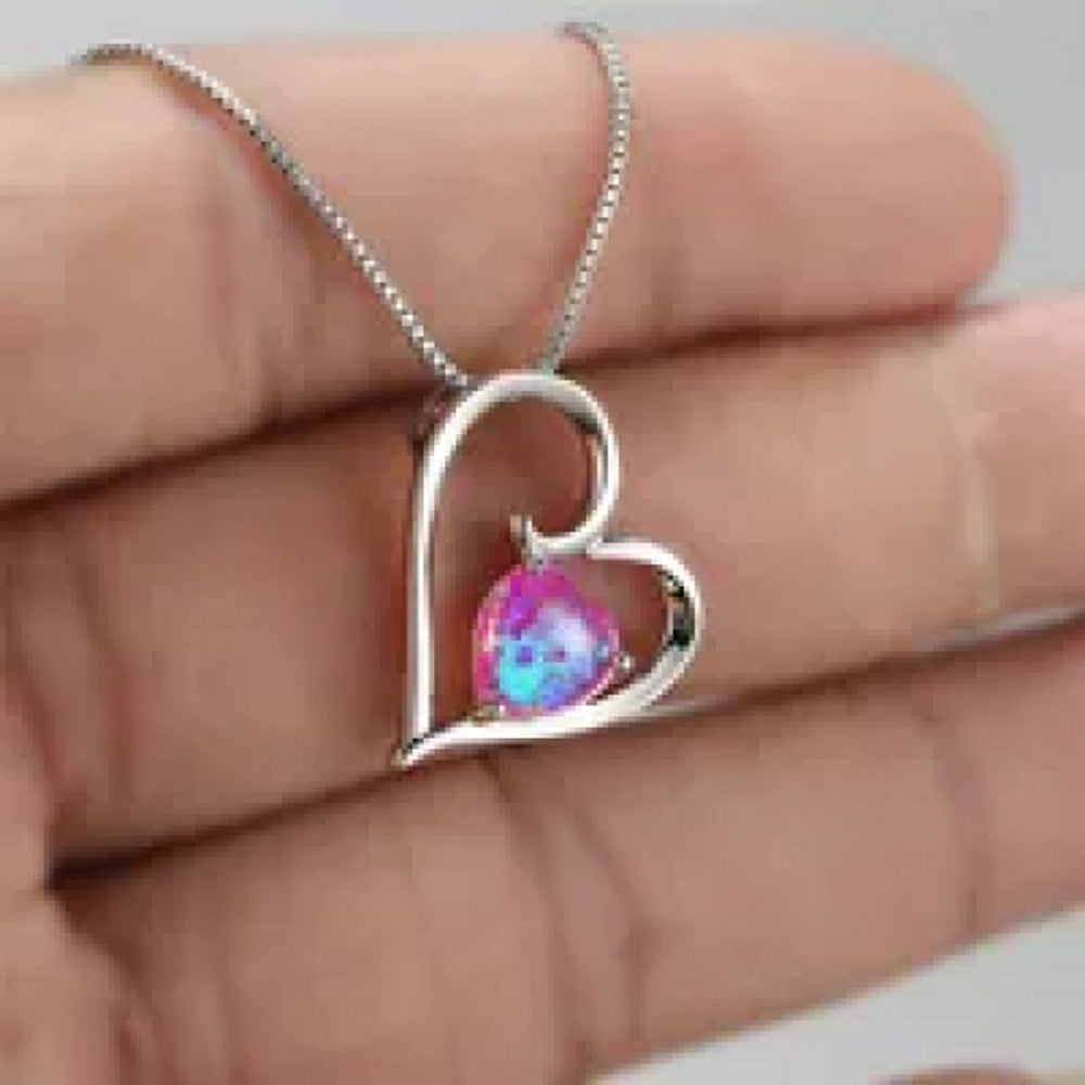Silver-Tone Deep Purple Simulated Opal Heart Necklace