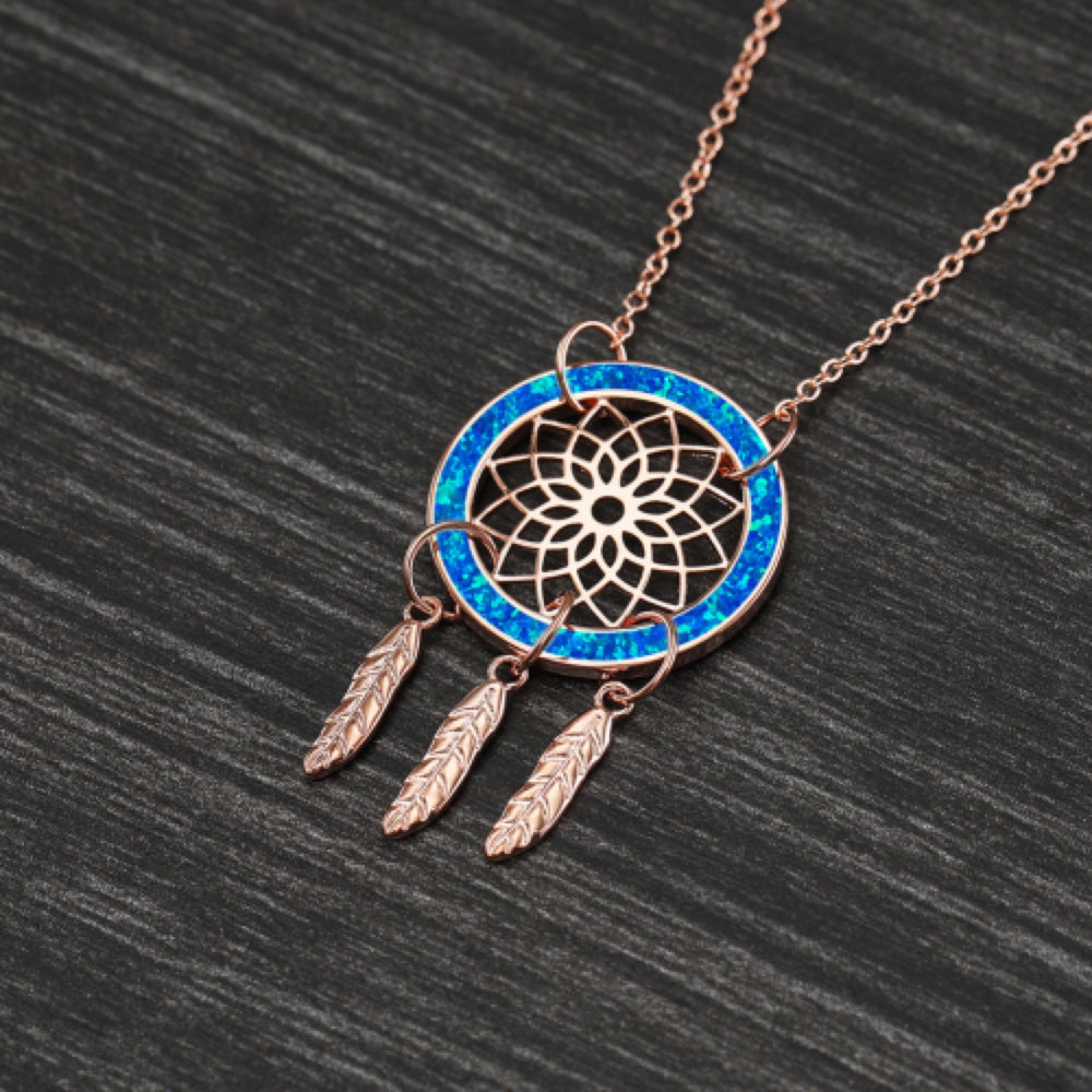 Rose Gold-Tone Blue Simulated Opal Dream Catcher Pendant Necklace