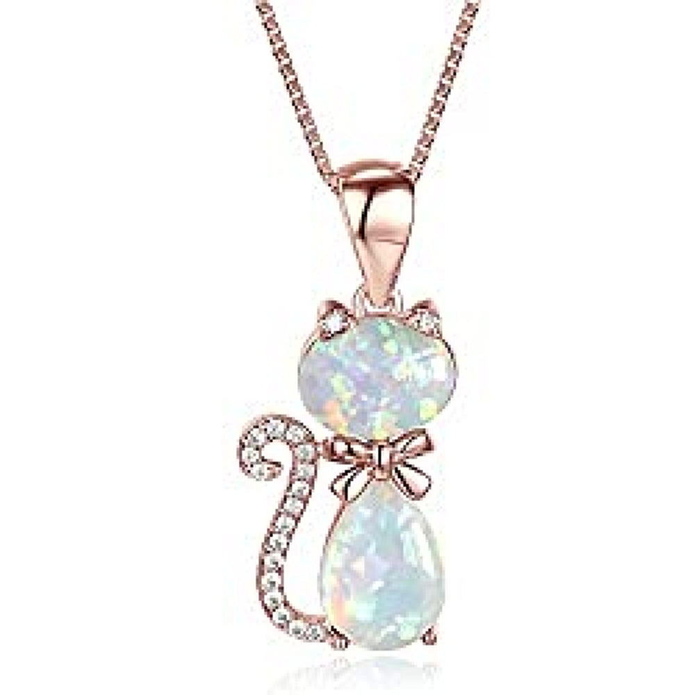 Rose Gold-Tone White Simulated Opal Cat Necklace
